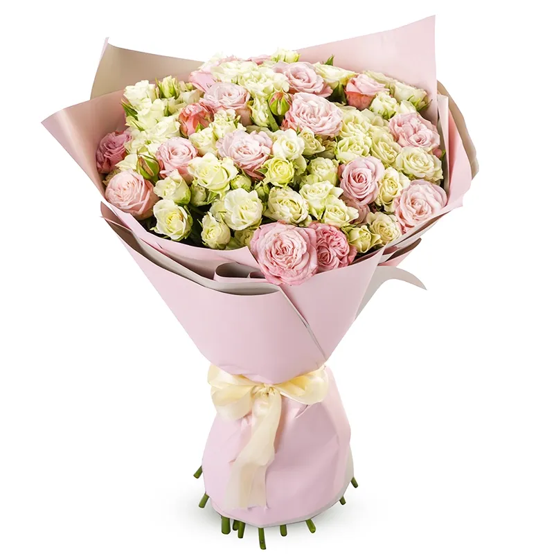 Букет из 35 кустовых роз микс бело-розовый